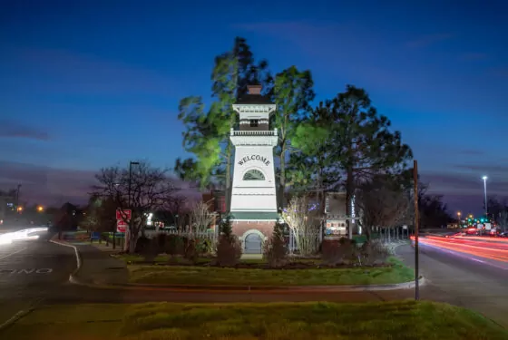 Lighthouse in the median of a busy road in Jenks.